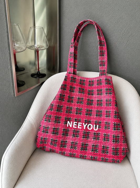 Black Pink Plaid Canvas Tote Bag
