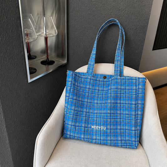 Blue Plaid Canvas Tote Bag
