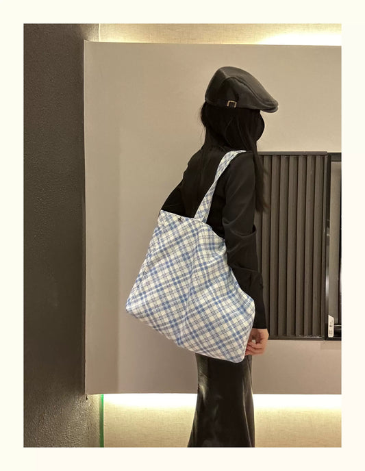 Blue Plaid Canvas Tote Bag