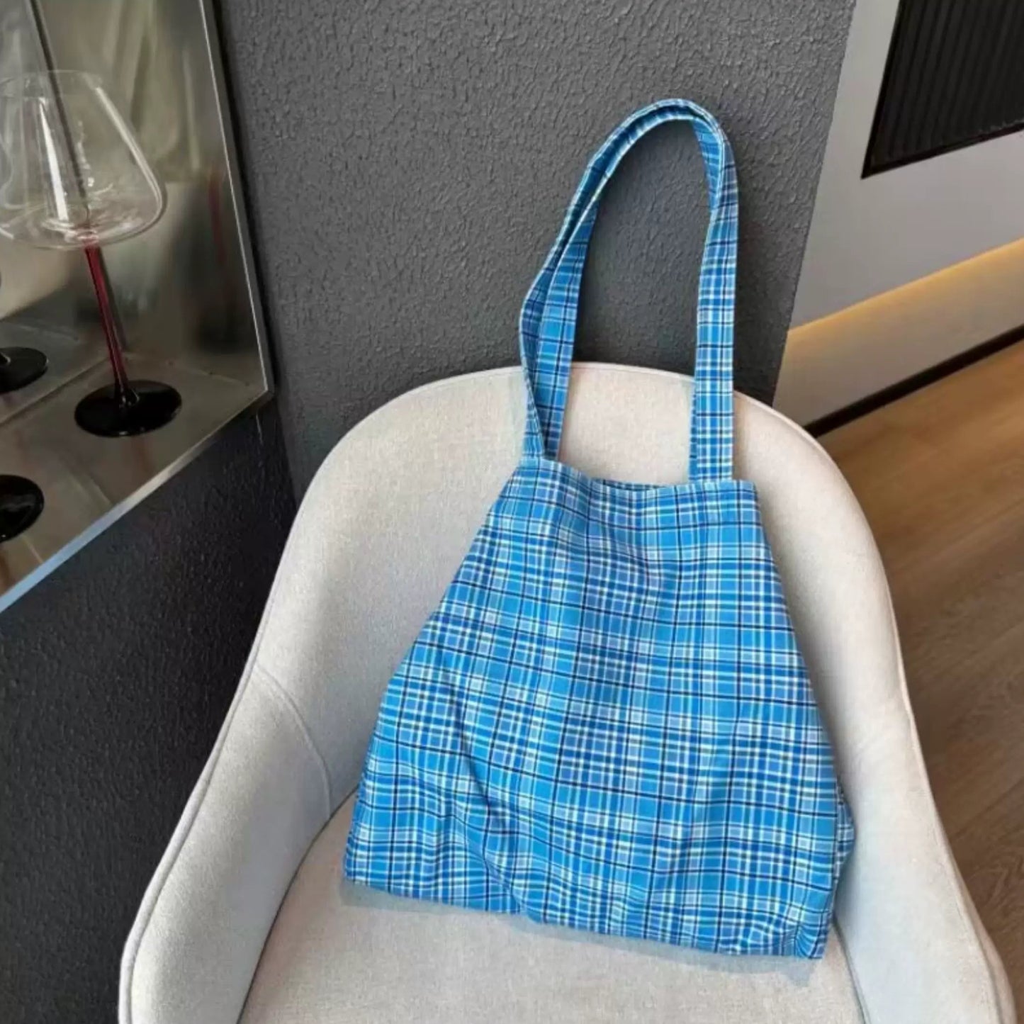 Blue Plaid Canvas Tote Bag