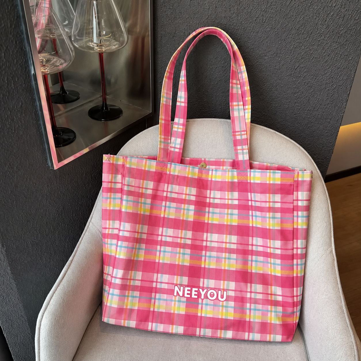 Pink Plaid Canvas Tote Bag