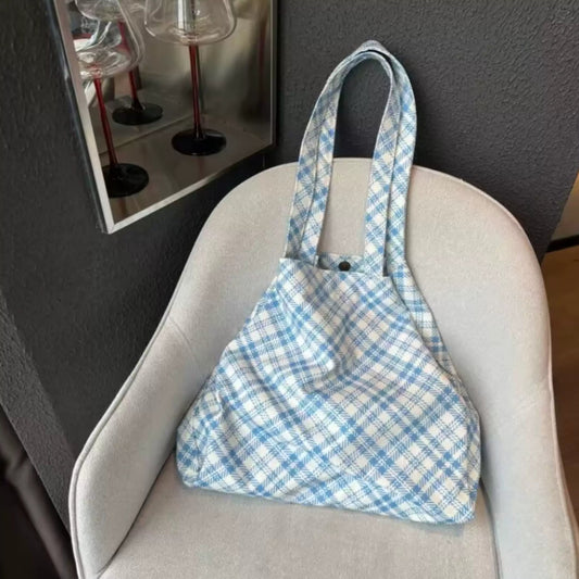 Blue Plaid Canvas Tote Bag