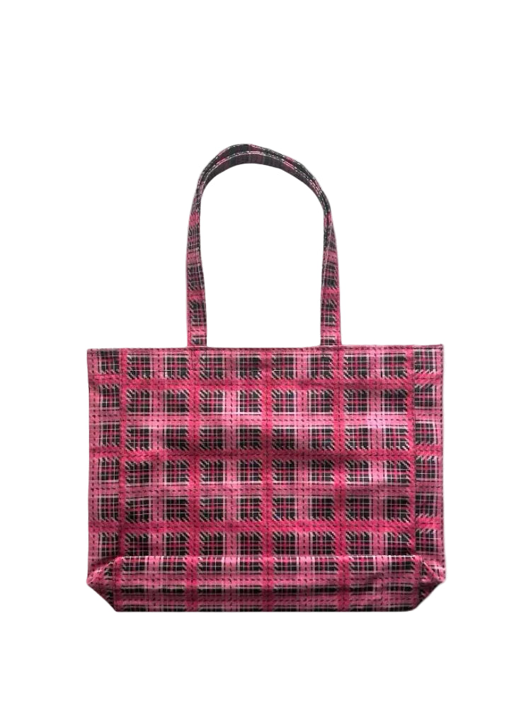 Black Pink Plaid Canvas Tote Bag