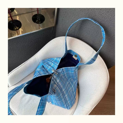 Blue Plaid Canvas Tote Bag