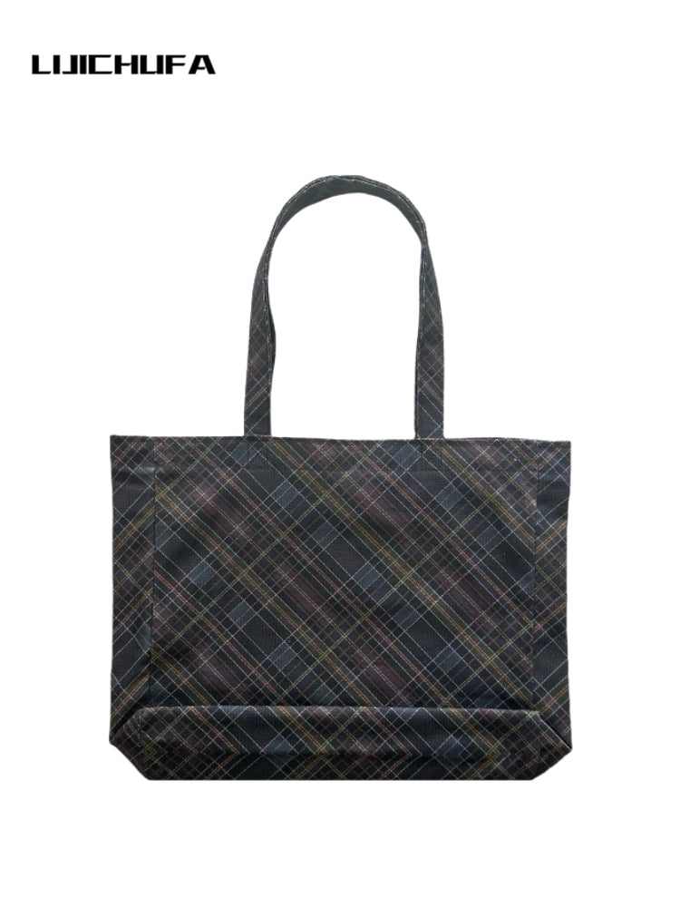 Black Plaid Canvas Tote Bag
