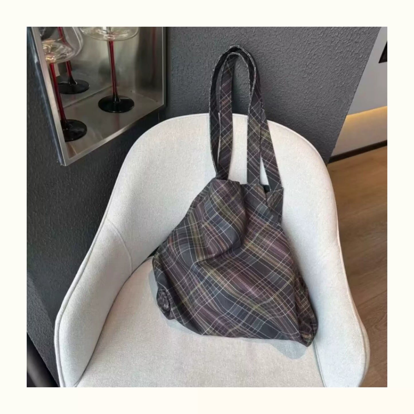 Black Plaid Canvas Tote Bag