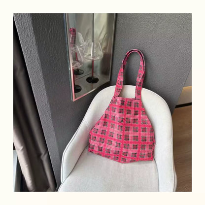 Black Pink Plaid Canvas Tote Bag