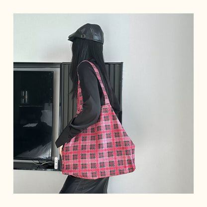 Black Pink Plaid Canvas Tote Bag