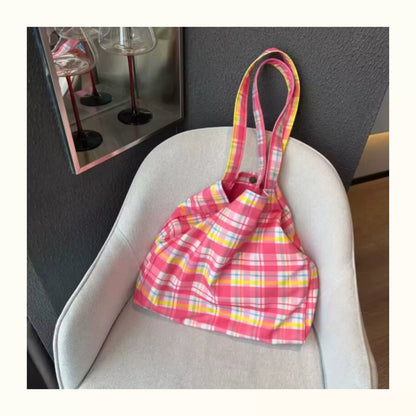 Pink Plaid Canvas Tote Bag