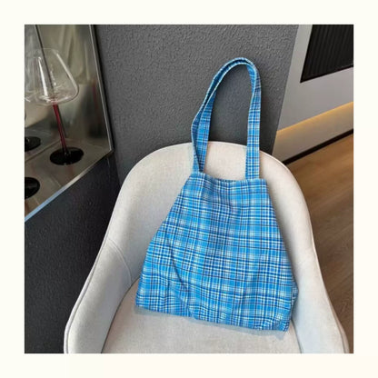 Blue Plaid Canvas Tote Bag