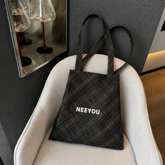 Black Plaid Canvas Tote Bag